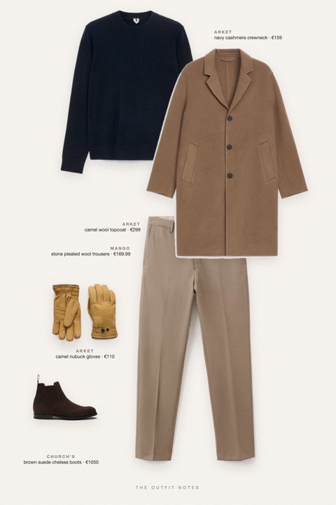 Flat-lay of the pieces in this outfit: camel wool topcoat, navy cashmere crewneck, stone pleated wool trousers, brown suede chelsea boots, camel nubuck gloves.