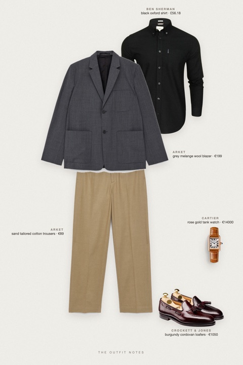 Flat-lay of the pieces in this outfit: black oxford shirt, grey melange wool blazer, sand tailored cotton trousers, burgundy cordovan loafers, rose gold tank watch.