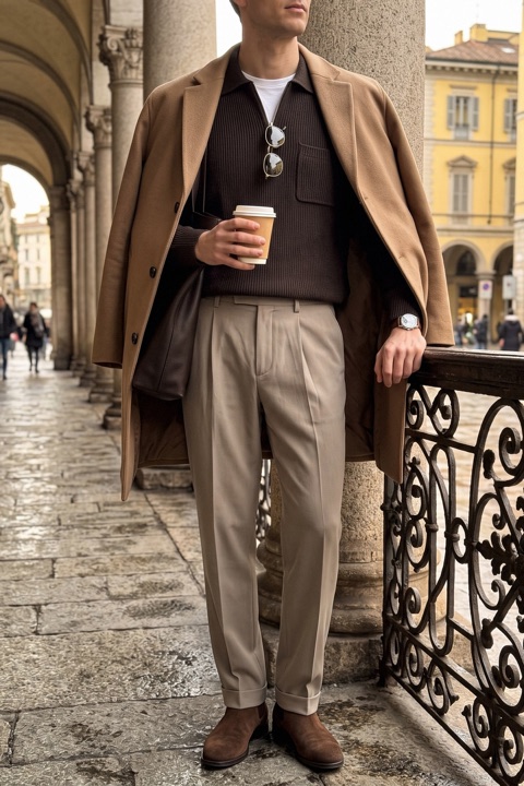 Faceless photo of a man in a camel topcoat, brown zip knit polo, mink grey pleated trousers and brown suede Chelsea boots walking beside an iron railing under a stone arcade.