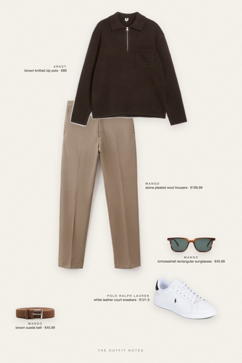 Flat-lay of the pieces in this outfit: brown knitted zip polo, stone pleated wool trousers, white leather court sneakers, tortoiseshell rectangular sunglasses, brown suede belt.