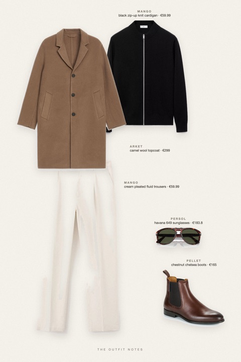 Flat-lay of the pieces in this outfit: camel wool topcoat, black zip-up knit cardigan, cream pleated fluid trousers, chestnut chelsea boots, havana 649 sunglasses.