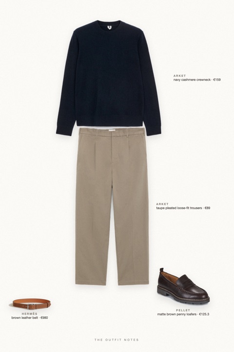 Flat-lay of the pieces in this outfit: navy cashmere crewneck, taupe pleated loose-fit trousers, matte brown penny loafers, brown leather belt.