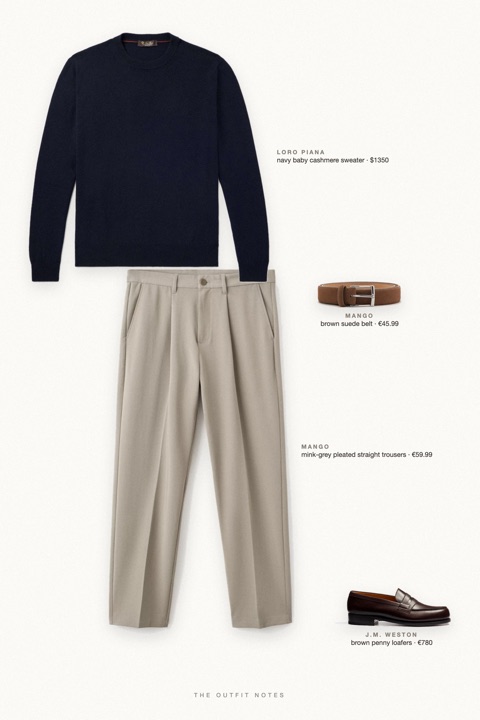 Flat-lay of the pieces in this outfit: navy baby cashmere sweater, mink-grey pleated straight trousers, brown penny loafers, brown suede belt.