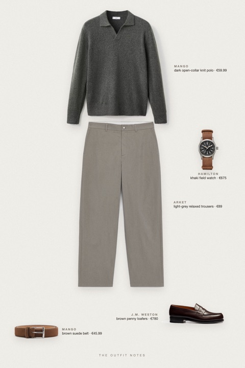 Flat-lay of the pieces in this outfit: dark open-collar knit polo, light-grey relaxed trousers, brown penny loafers, brown suede belt, khaki field watch.