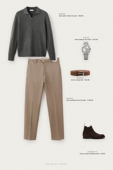 Flat-lay of the pieces in this outfit: dark open-collar knit polo, stone pleated wool trousers, brown suede chelsea boots, brown suede belt, silver datejust 36 watch.