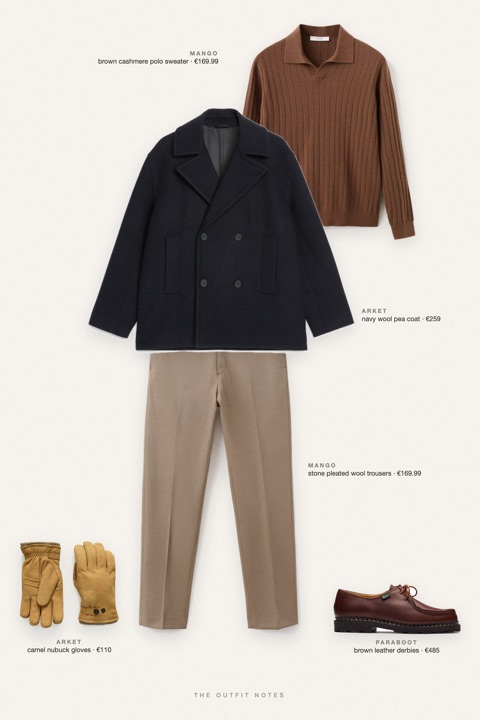 Flat-lay of the pieces in this outfit: navy wool pea coat, brown cashmere polo sweater, stone pleated wool trousers, brown leather derbies, camel nubuck gloves.