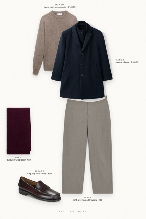 Flat-lay of the pieces in this outfit: navy wool coat, taupe cashmere sweater, light-grey relaxed trousers, burgundy boat shoes, burgundy wool scarf.