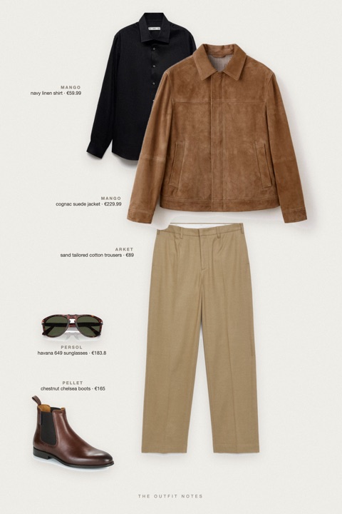 Flat-lay of the pieces in this outfit: cognac suede jacket, navy linen shirt, sand tailored cotton trousers, chestnut chelsea boots, havana 649 sunglasses.