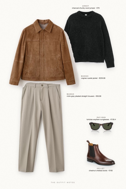 Flat-lay of the pieces in this outfit: cognac suede jacket, charcoal chunky wool jumper, mink-grey pleated straight trousers, chestnut chelsea boots, tortoise wayfarer sunglasses.