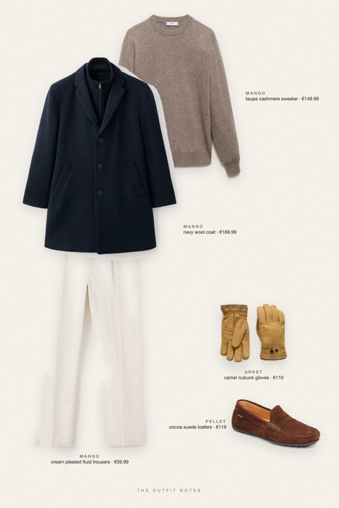 Flat-lay of the pieces in this outfit: navy wool coat, taupe cashmere sweater, cream pleated fluid trousers, cocoa suede loafers, camel nubuck gloves.