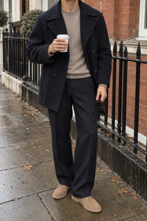 Man photographed from the shoulders down on a London street, wearing a navy pea coat, cream cashmere jumper, navy wool trousers and sand suede desert boots, holding a coffee and Persol tortoise sunglasses against a red brick wall.