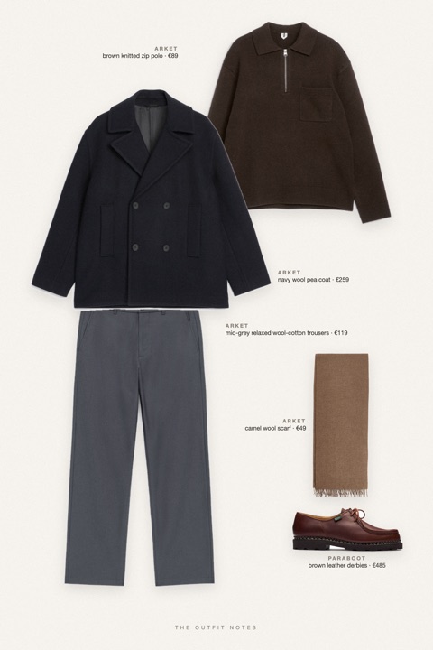 Flat-lay of the pieces in this outfit: navy wool pea coat, brown knitted zip polo, mid-grey relaxed wool-cotton trousers, brown leather derbies, camel wool scarf.
