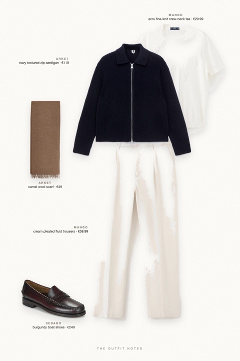 Flat-lay of the pieces in this outfit: navy textured zip cardigan, ecru fine-knit crew-neck tee, cream pleated fluid trousers, burgundy boat shoes, camel wool scarf.