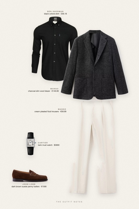 Flat-lay of the pieces in this outfit: charcoal slim wool blazer, black oxford shirt, cream pleated fluid trousers, dark brown suede penny loafers, tank must watch.