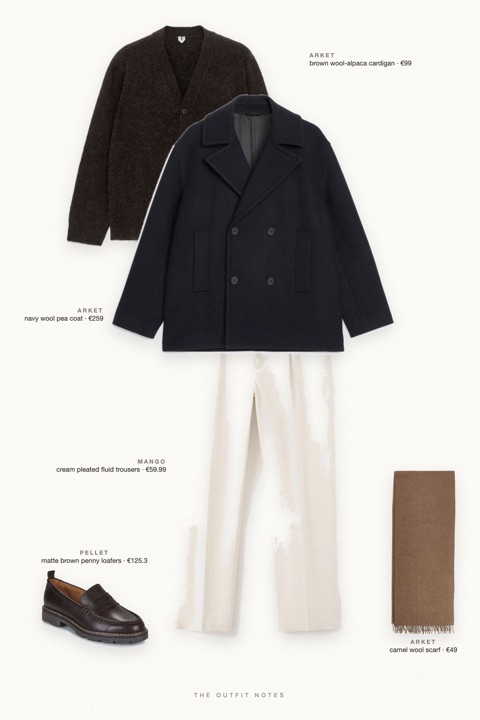 Flat-lay of the pieces in this outfit: navy wool pea coat, brown wool-alpaca cardigan, cream pleated fluid trousers, matte brown penny loafers, camel wool scarf.