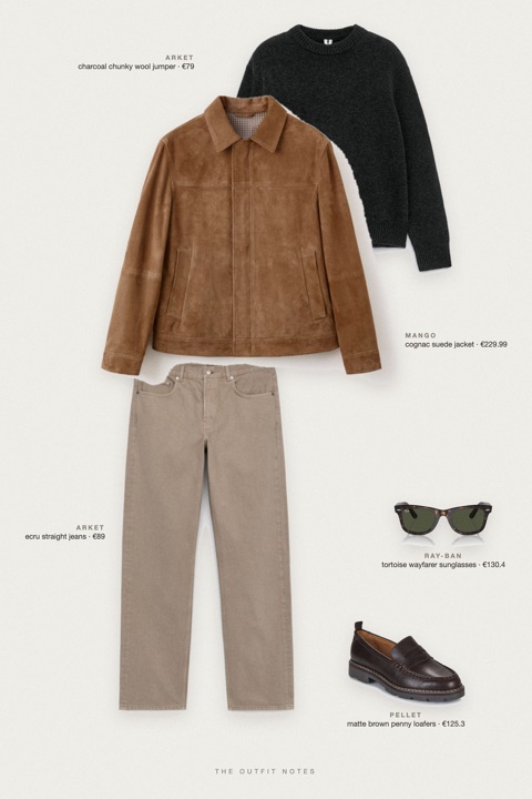 Flat-lay of the pieces in this outfit: cognac suede jacket, charcoal chunky wool jumper, ecru straight jeans, matte brown penny loafers, tortoise wayfarer sunglasses.