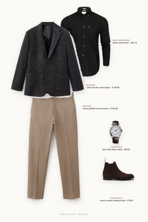 Flat-lay of the pieces in this outfit: charcoal slim wool blazer, black oxford shirt, stone pleated wool trousers, brown suede chelsea boots, silver dial dress watch.