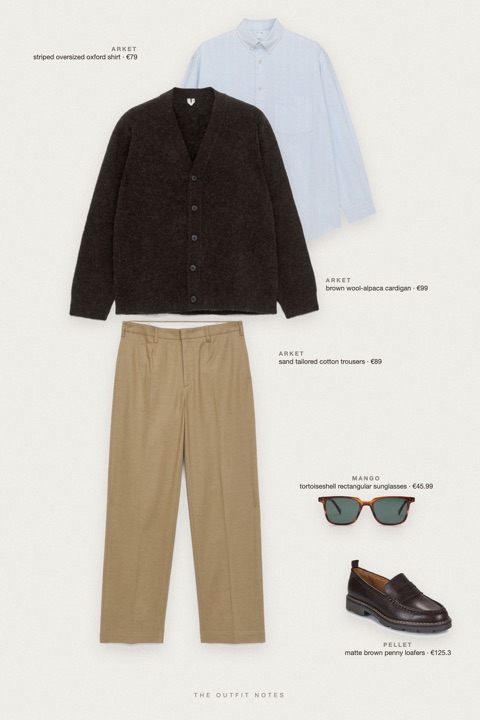Flat-lay of the pieces in this outfit: brown wool-alpaca cardigan, striped oversized oxford shirt, sand tailored cotton trousers, matte brown penny loafers, tortoiseshell rectangular sunglasses.