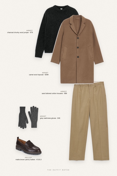 Flat-lay of the pieces in this outfit: camel wool topcoat, charcoal chunky wool jumper, sand tailored cotton trousers, matte brown penny loafers, grey cashmere gloves.