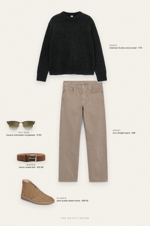 Flat-lay of the pieces in this outfit: charcoal chunky wool jumper, ecru straight jeans, sand suede desert boots, brown suede belt, havana clubmaster sunglasses.