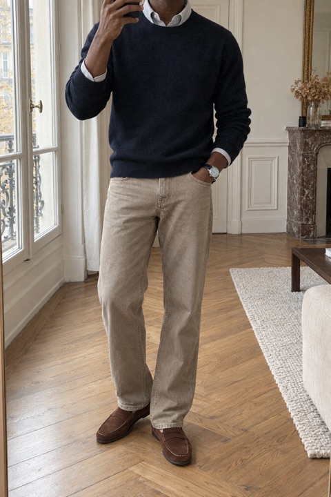 Mirror selfie in a Paris apartment, man in a navy cashmere jumper with grey shirt collar, ecru jeans, brown suede loafers and a steel watch with ice-blue dial.