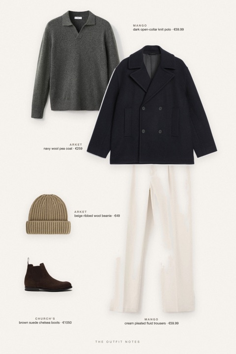 Flat-lay of the pieces in this outfit: navy wool pea coat, dark open-collar knit polo, cream pleated fluid trousers, brown suede chelsea boots, beige ribbed wool beanie.