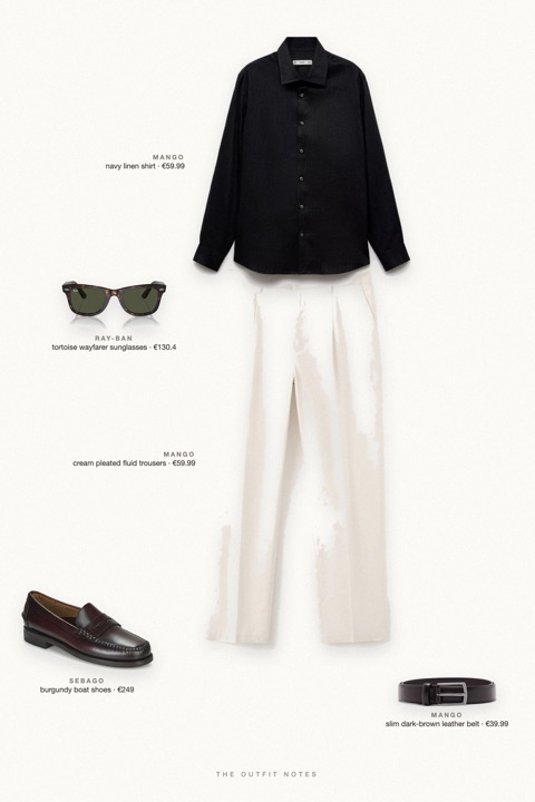 Flat-lay of the pieces in this outfit: navy linen shirt, cream pleated fluid trousers, burgundy boat shoes, slim dark-brown leather belt, tortoise wayfarer sunglasses.
