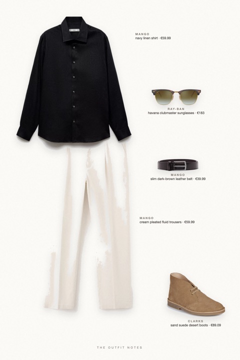 Flat-lay of the pieces in this outfit: navy linen shirt, cream pleated fluid trousers, sand suede desert boots, slim dark-brown leather belt, havana clubmaster sunglasses.