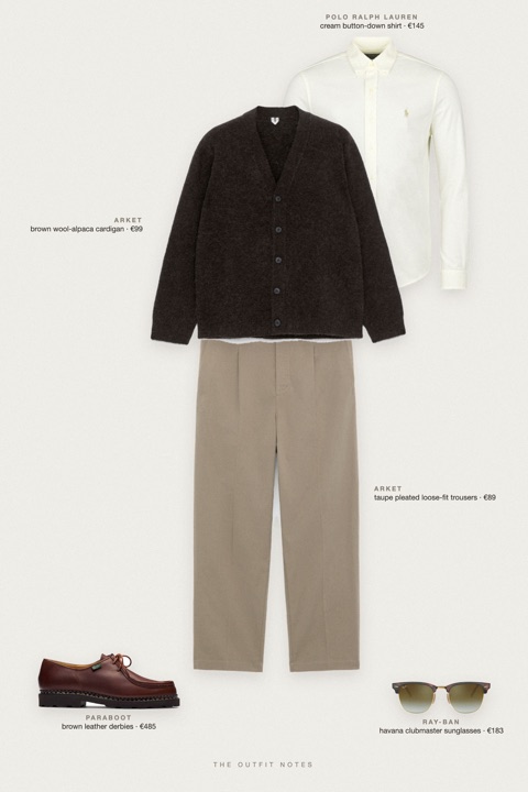 Flat-lay of the pieces in this outfit: brown wool-alpaca cardigan, cream button-down shirt, taupe pleated loose-fit trousers, brown leather derbies, havana clubmaster sunglasses.