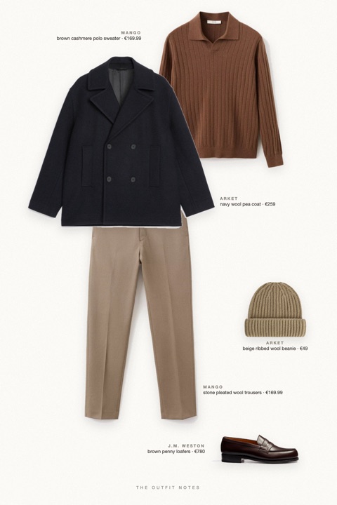 Flat-lay of the pieces in this outfit: navy wool pea coat, brown cashmere polo sweater, stone pleated wool trousers, brown penny loafers, beige ribbed wool beanie.