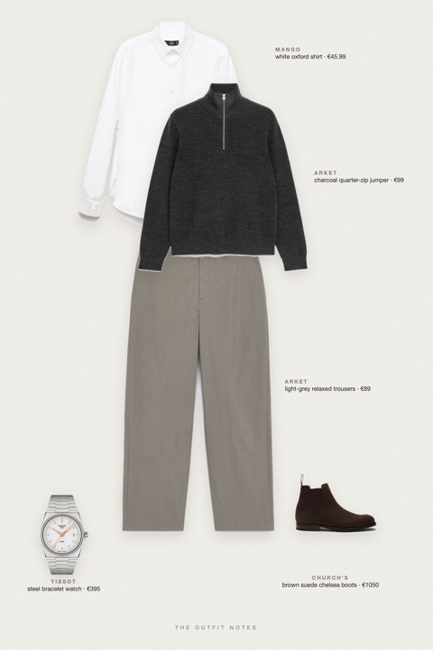 Flat-lay of the pieces in this outfit: charcoal quarter-zip jumper, white oxford shirt, light-grey relaxed trousers, brown suede chelsea boots, steel bracelet watch.