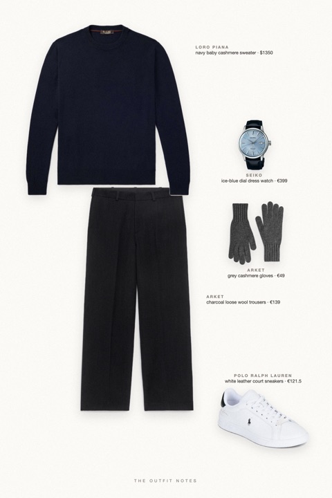 Flat-lay of the pieces in this outfit: navy baby cashmere sweater, charcoal loose wool trousers, white leather court sneakers, grey cashmere gloves, ice-blue dial dress watch.