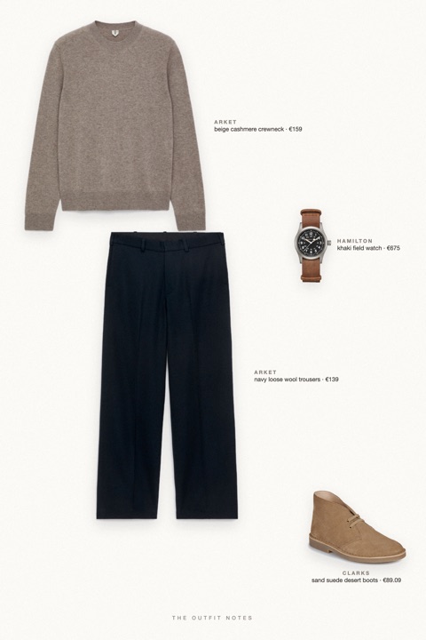 Flat-lay of the pieces in this outfit: beige cashmere crewneck, navy loose wool trousers, sand suede desert boots, khaki field watch.
