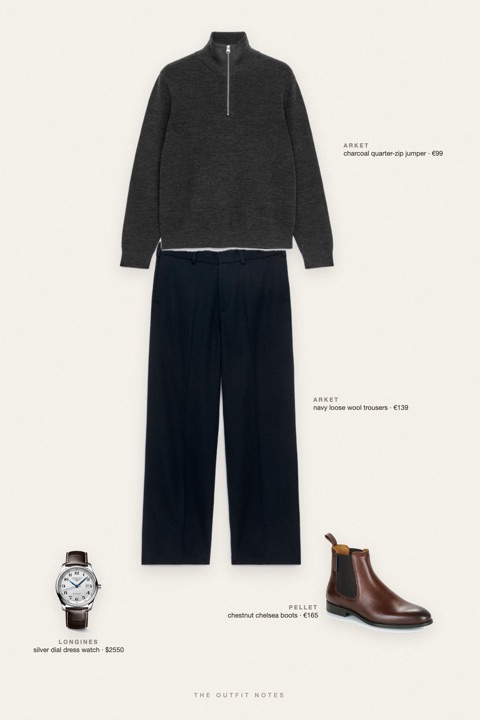 Flat-lay of the pieces in this outfit: charcoal quarter-zip jumper, navy loose wool trousers, chestnut chelsea boots, silver dial dress watch.