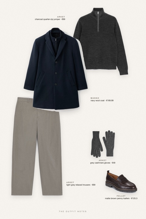 Flat-lay of the pieces in this outfit: navy wool coat, charcoal quarter-zip jumper, light-grey relaxed trousers, matte brown penny loafers, grey cashmere gloves.