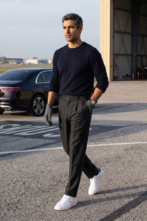 Man in a navy cashmere sweater and charcoal trousers standing on a private airport tarmac, wearing white sneakers, grey gloves and a Cartier Tank watch.