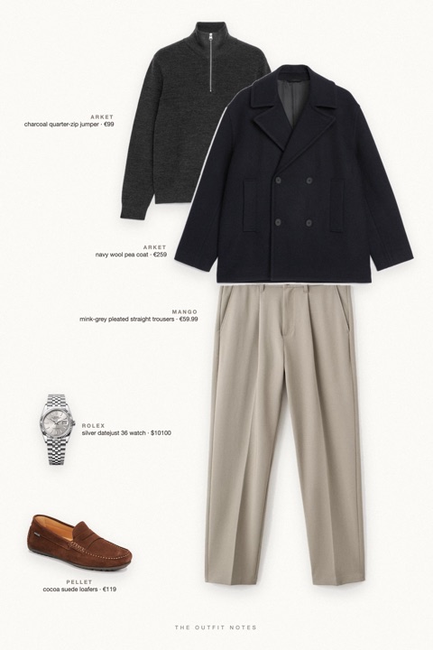 Flat-lay of the pieces in this outfit: navy wool pea coat, charcoal quarter-zip jumper, mink-grey pleated straight trousers, cocoa suede loafers, silver datejust 36 watch.