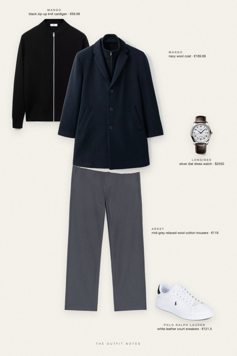 Flat-lay of the pieces in this outfit: navy wool coat, black zip-up knit cardigan, mid-grey relaxed wool-cotton trousers, white leather court sneakers, silver dial dress watch.