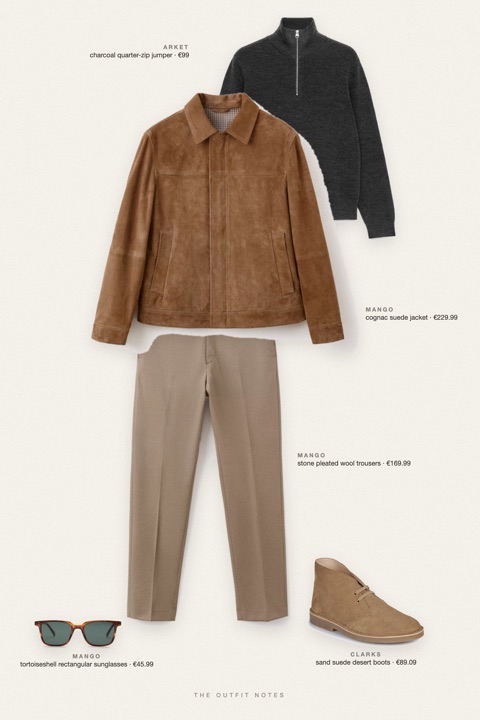 Flat-lay of the pieces in this outfit: cognac suede jacket, charcoal quarter-zip jumper, stone pleated wool trousers, sand suede desert boots, tortoiseshell rectangular sunglasses.