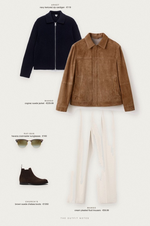 Flat-lay of the pieces in this outfit: cognac suede jacket, navy textured zip cardigan, cream pleated fluid trousers, brown suede chelsea boots, havana clubmaster sunglasses.