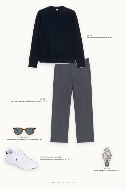 Flat-lay of the pieces in this outfit: navy cashmere crewneck, mid-grey relaxed wool-cotton trousers, white leather court sneakers, silver datejust 36 watch, tortoiseshell rectangular sunglasses.