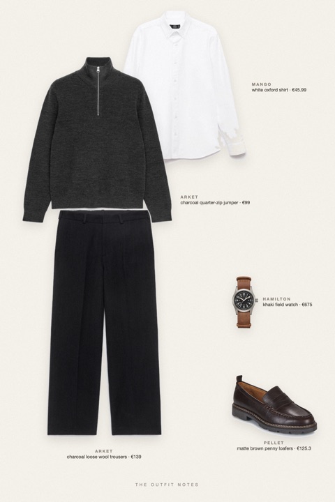 Flat-lay of the pieces in this outfit: charcoal quarter-zip jumper, white oxford shirt, charcoal loose wool trousers, matte brown penny loafers, khaki field watch.