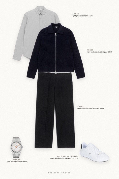Flat-lay of the pieces in this outfit: navy textured zip cardigan, light grey oxford shirt, charcoal loose wool trousers, white leather court sneakers, steel bracelet watch.