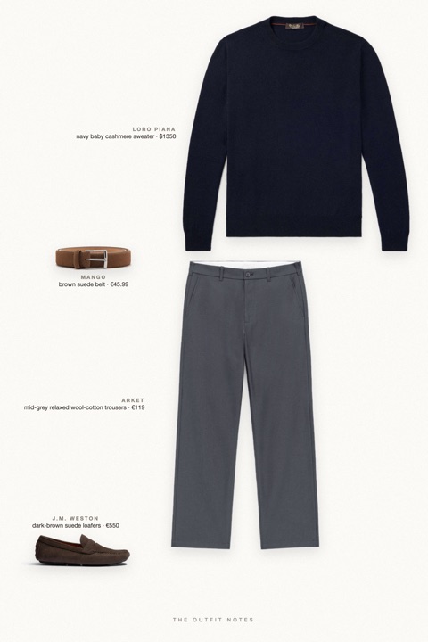Flat-lay of the pieces in this outfit: navy baby cashmere sweater, mid-grey relaxed wool-cotton trousers, dark-brown suede loafers, brown suede belt.