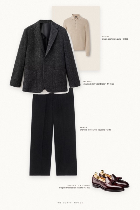Flat-lay of the pieces in this outfit: charcoal slim wool blazer, cream cashmere polo, charcoal loose wool trousers, burgundy cordovan loafers.
