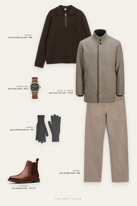 Flat-lay of the pieces in this outfit: grey wool-look coat, brown knitted zip polo, ecru straight jeans, tan chelsea boots, grey cashmere gloves, khaki field watch.